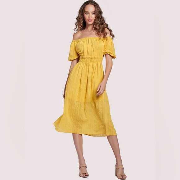 Lost + Wander Textured Midi Dress Yellow off Shoulder Puff Sleeve XS S M - Picture 1 of 11